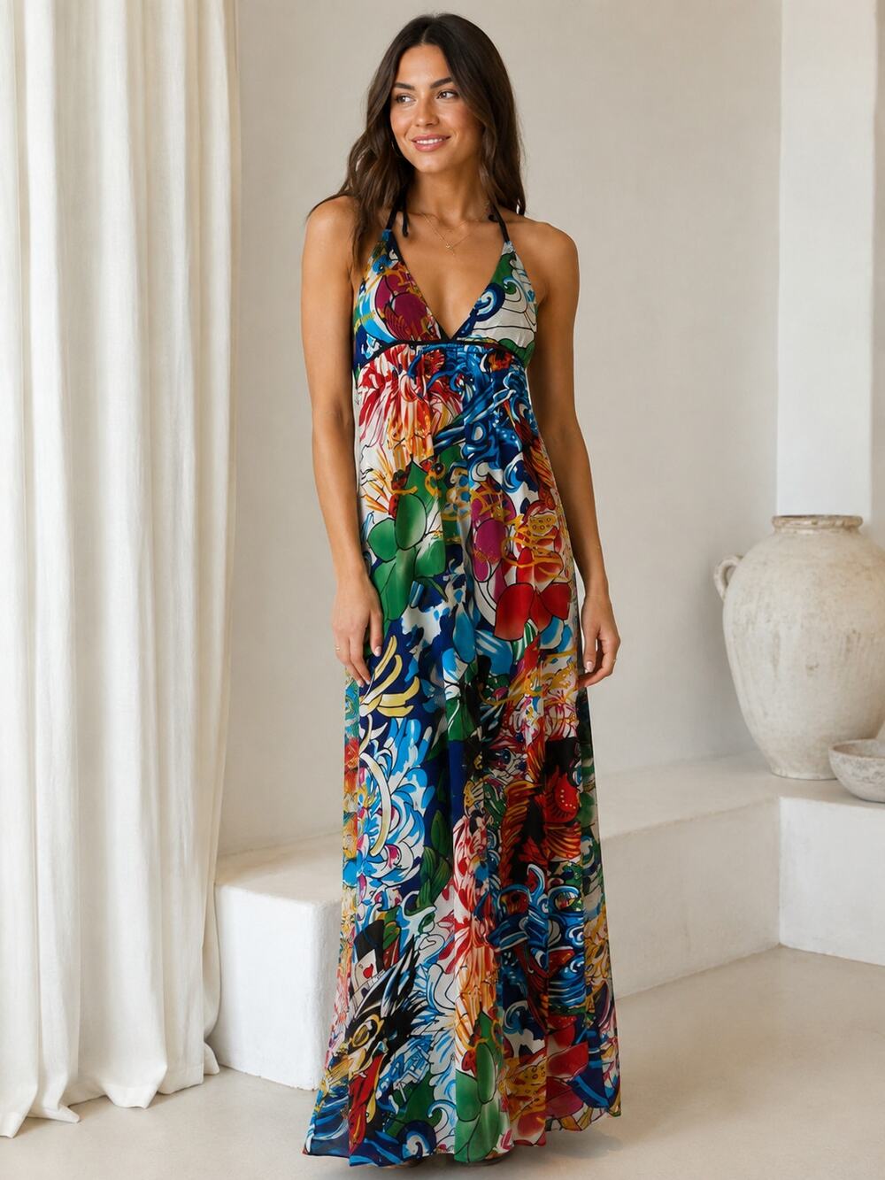 Ed Hardy by Christian Audigier Y2K 2000s Tattoo Koi Dragon Halter Maxi Dress S
